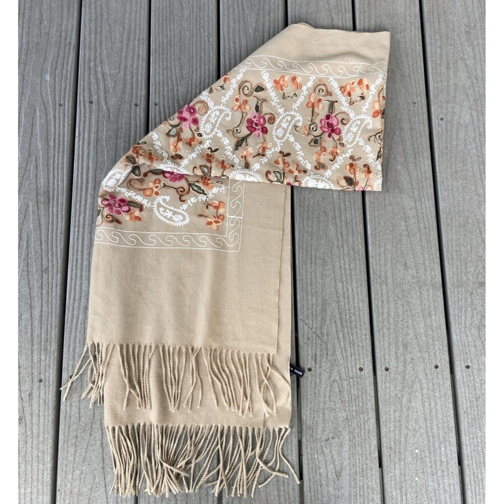 La Seine Embroidered Beige Floral Fringed Oversized Wrap Scarf Soft Luxurious